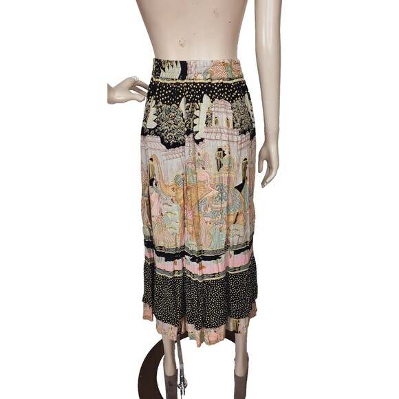 Vintage 80s Elephants People India City Life Tiered Mixed Media Broomstick Skirt - Picture 6 of 14